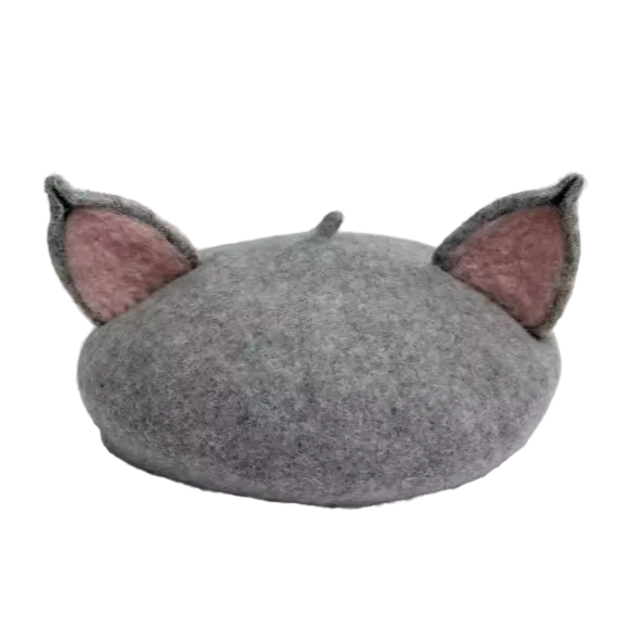 Gray beret with cat ears on a white background | Aesthetic Winter Ears Hat | Aesthetic Hats