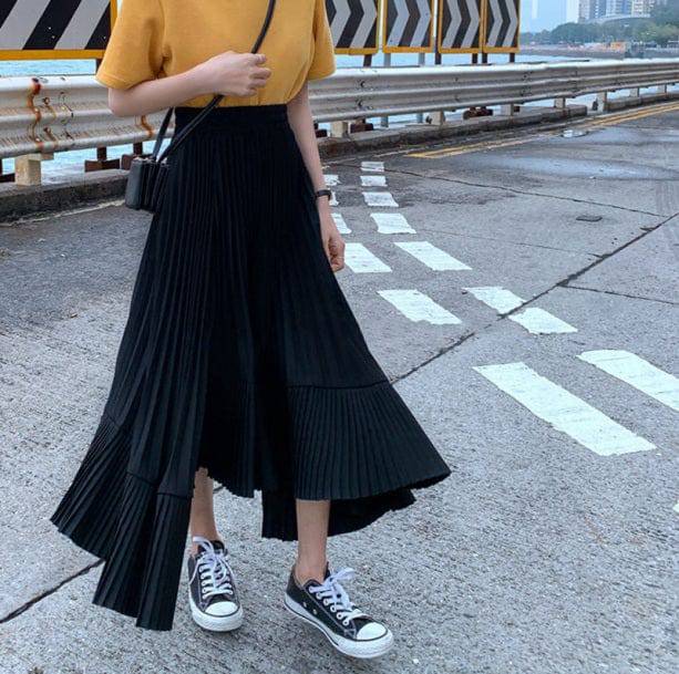 Asymmetric Seashell Pleated Midi Skirt - All Things Rainbow