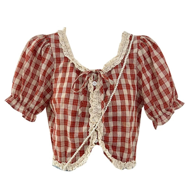 Red Cottagecore Puff Sleeve Top – Vintage Cottagecore Lace Crop Top