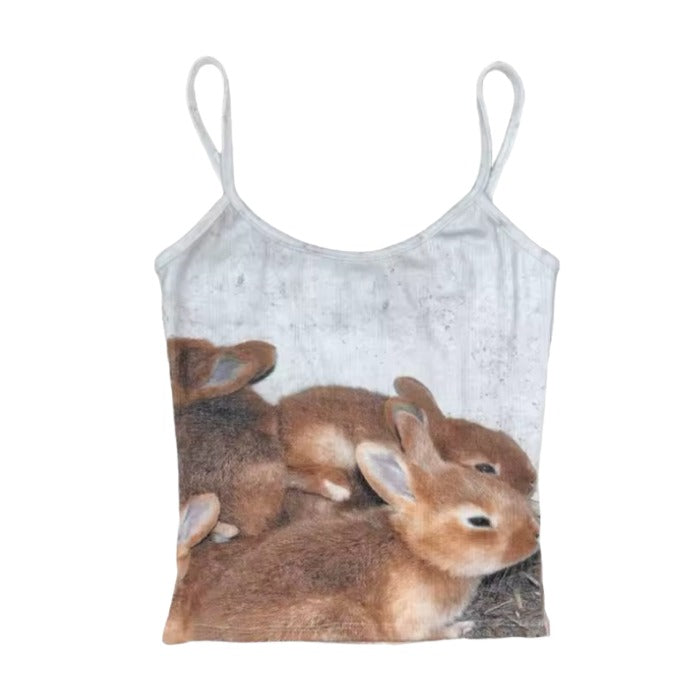 Y2K Bunny Top – Cute Rabbit Print Spaghetti Strap Top