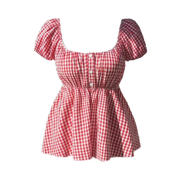 Red Gingham Babydoll Top – Cottagecore Aesthetic Blouse