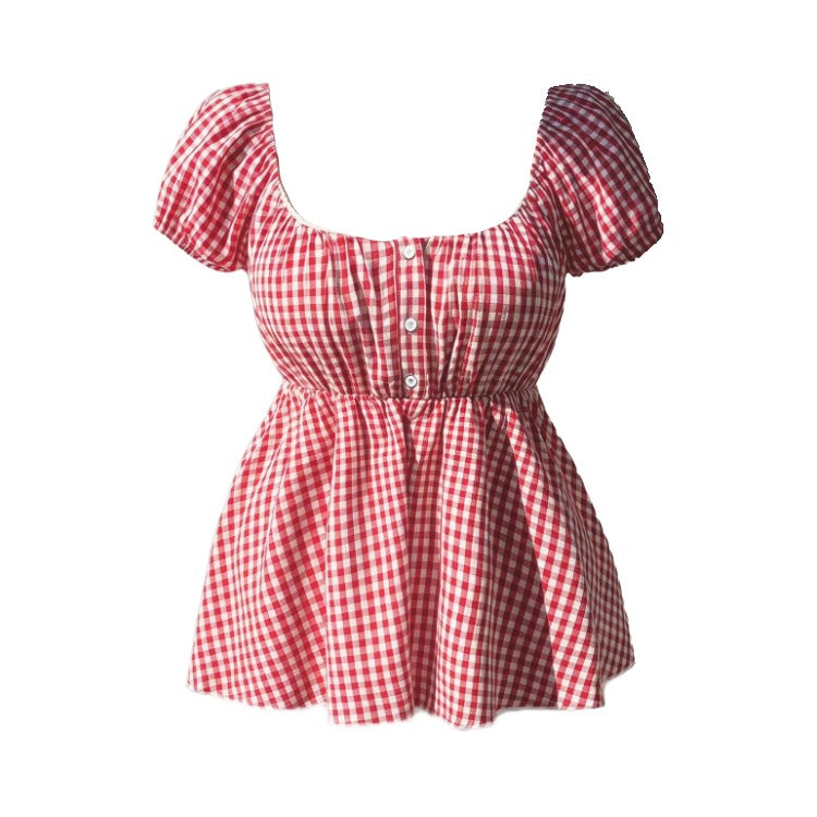Red Gingham Babydoll Top – Cottagecore Aesthetic Blouse