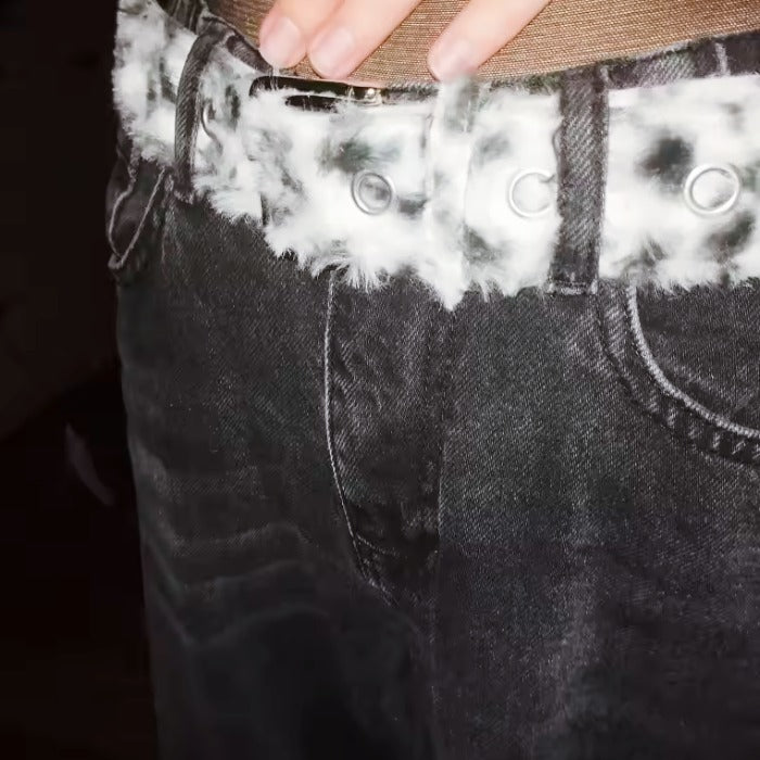 black and white Y2K Leopard Furry Belt - Fuzzy Statement Belt