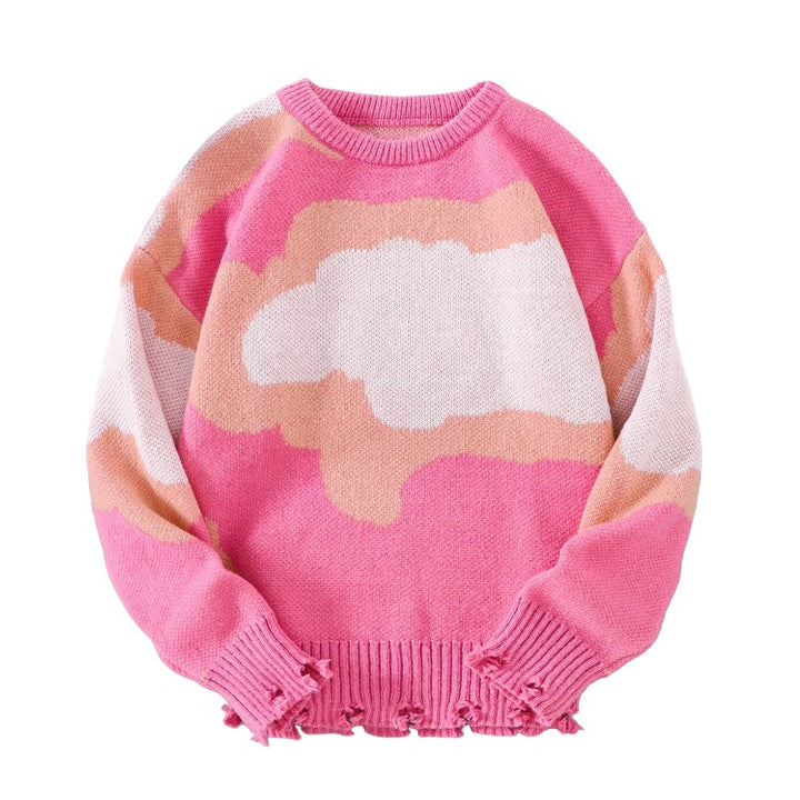 pink Preppy Sky Sweater – Cloud Pattern Oversized Knit Pullover