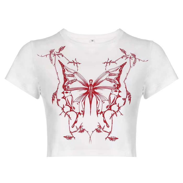 Fairy Grunge Butterfly Crop Top – Y2K White Baby Tee