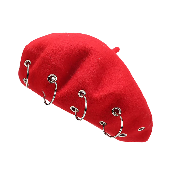 Red Alternative Fashion Beret – Punk Wool Hat with Metal Hoops