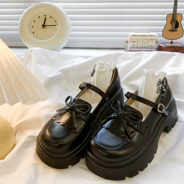 black Kawaii Platform Mary Janes – Japanese School Style Buckle Shoes