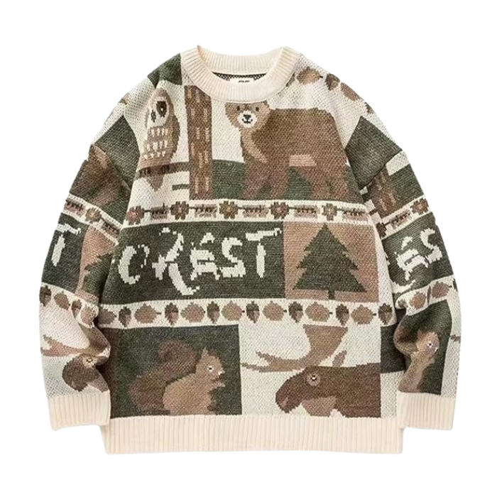 Vintage Animal Sweater – Oversized Woodland Jacquard Knit Pullover