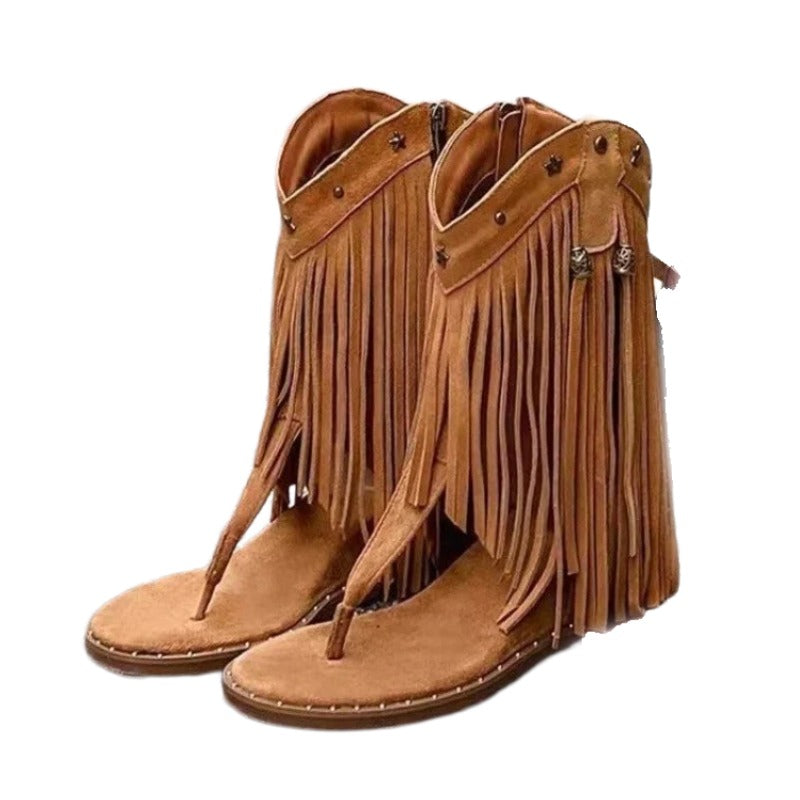 brown Western Cowgirl Tassel Sandals – Boho Summer Shoes