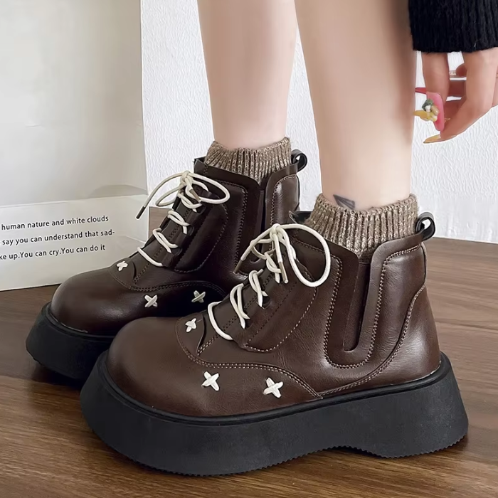 brown Preppy Platform Boots – Retro Preppy Aesthetic Ankle Shoes