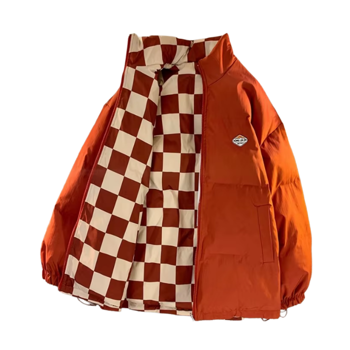 orange Oversized Reversible Checkerboard Puffer Jacket – Y2K Winter Coat