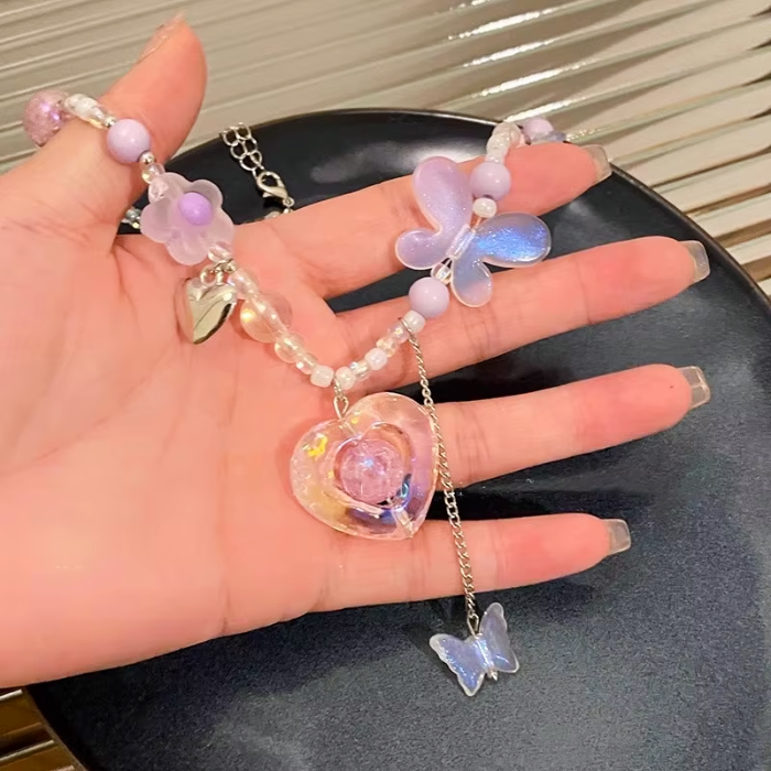 Pink Heart Choker Necklace – Y2K Beaded Butterfly Aesthetic Jewelry