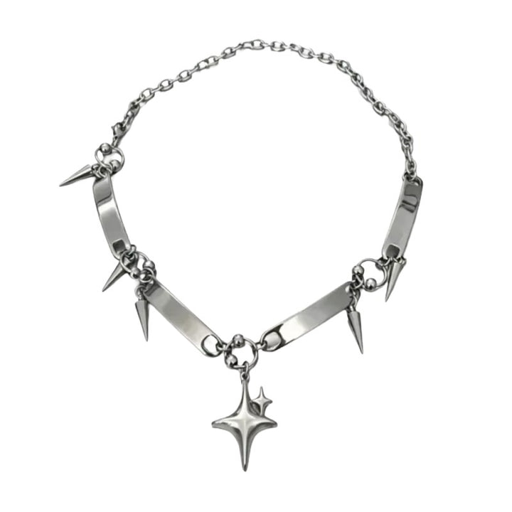 Silver Star Choker Necklace – Y2K Aesthetic Jewelry. A silver-toned metal chain necklace featuring multiple sharp spikes, polished bar charms, and a dangling starburst pendant.
