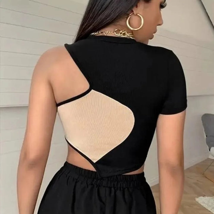 Black Beige Color Block Crop Top – Y2K Ribbed Top