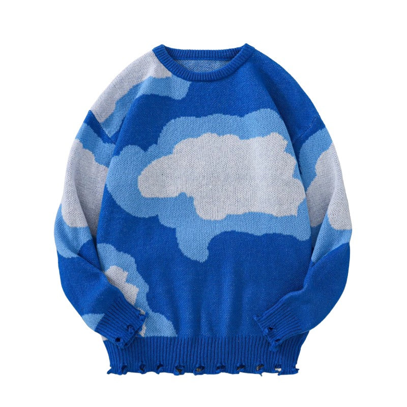blue Preppy Sky Sweater – Cloud Pattern Oversized Knit Pullover