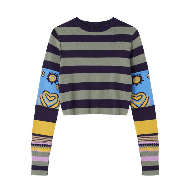 Striped Cropped Knit Sweater – Indie Aesthetic Pullover. A cropped long-sleeve knit sweater with horizontal  stripes.