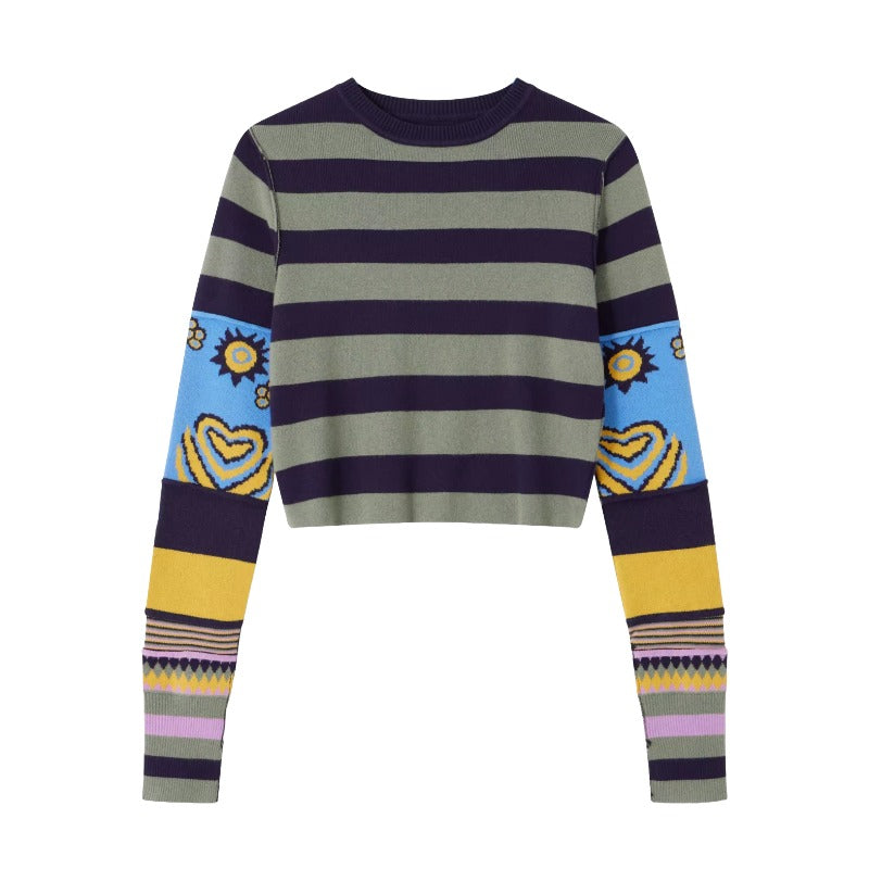Striped Cropped Knit Sweater – Indie Aesthetic Pullover. A cropped long-sleeve knit sweater with horizontal  stripes.