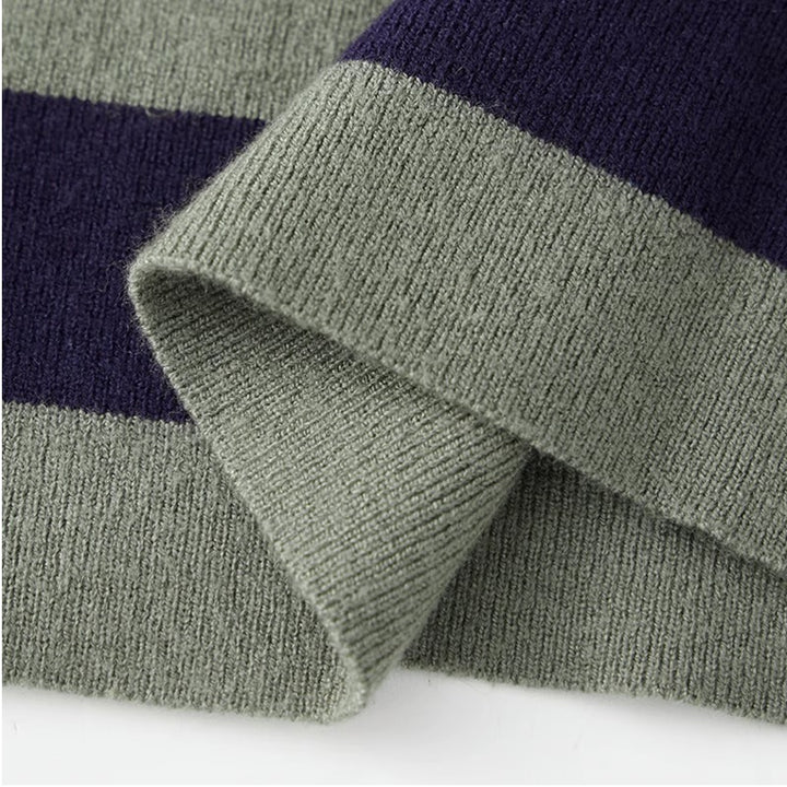 Close-up of a ribbed knit fabric with horizontal stripes in muted sage green and dark purple, folded over to show the texture and color contrast.