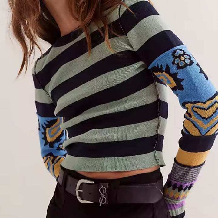 Striped Cropped Knit Sweater – Indie Aesthetic Pullover. A cropped knit long-sleeve top with horizontal stripes, featuring colorful pattern.