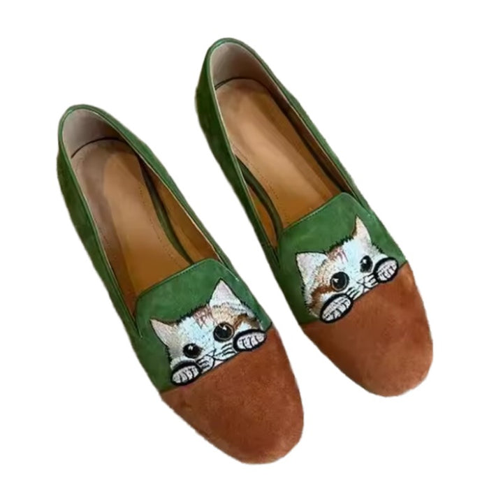 Cute Cat Loafers – Brown Suede Aesthetic Shoes. A pair of green and brown suede loafers featuring embroidered cat faces on the front, set against a plain white background.