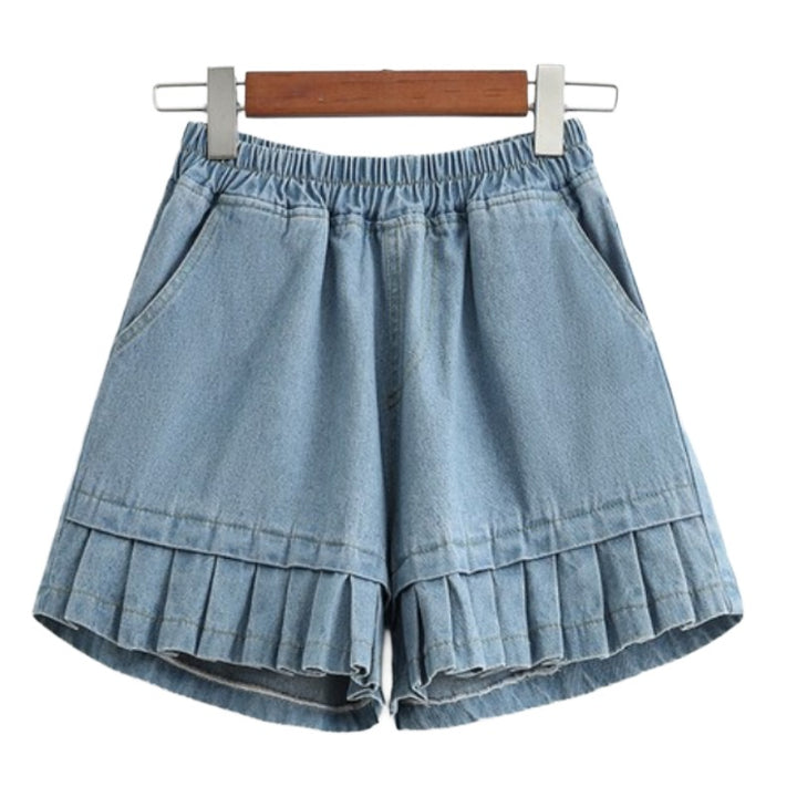 Blue Pleated Denim Shorts – Soft Girl Y2K Aesthetic. Light blue denim shorts with an elastic waistband and pleated ruffle detail along the hem.