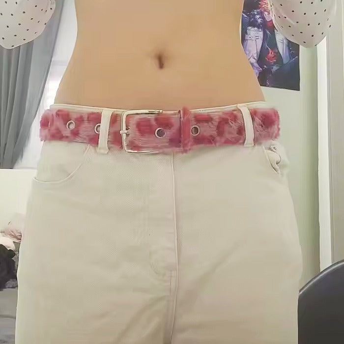 pink Y2K Leopard Furry Belt - Fuzzy Statement Belt