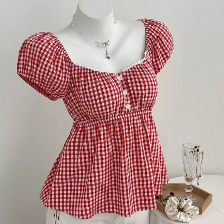 Red Gingham Babydoll Top – Cottagecore Aesthetic Blouse
