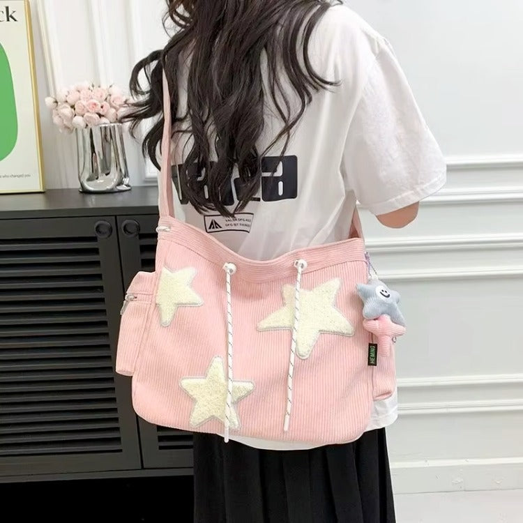 Pink Star Corduroy Shoulder Bag – Cute Y2K Aesthetic Shoulder Bag