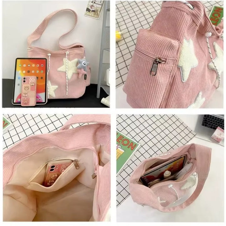 Star Corduroy Shoulder Bag – Cute Y2K Aesthetic Shoulder Bag