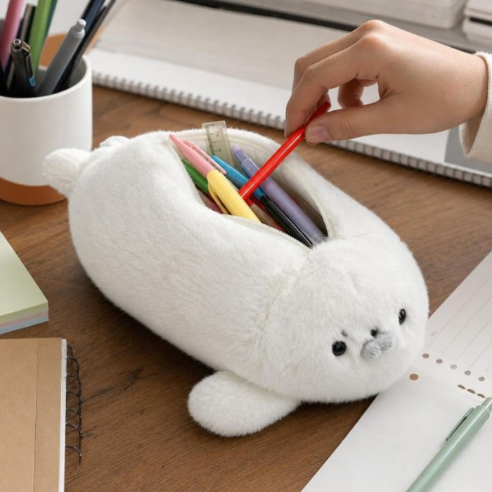 Kawaii Seal Pencil Case – Cute Plush White Seal Zipper Pouch