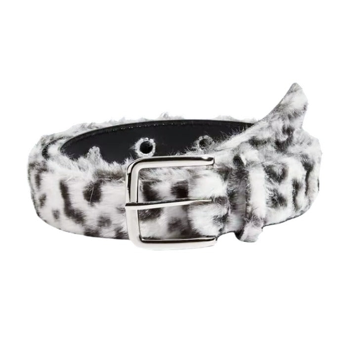 black and white Y2K Leopard Furry Belt - Fuzzy Statement Belt