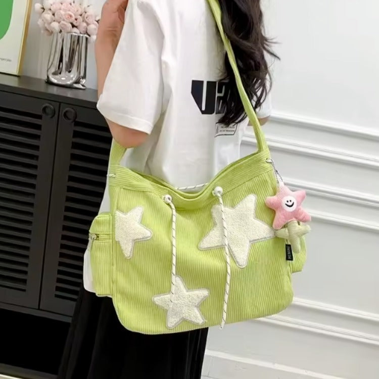 green Star Corduroy Shoulder Bag – Cute Y2K Aesthetic Shoulder Bag
