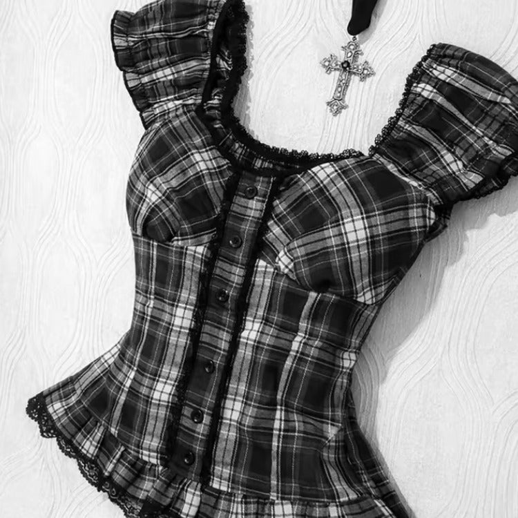 Black White Plaid Corset Top - Ruffle Sleeve Gothic Blouse