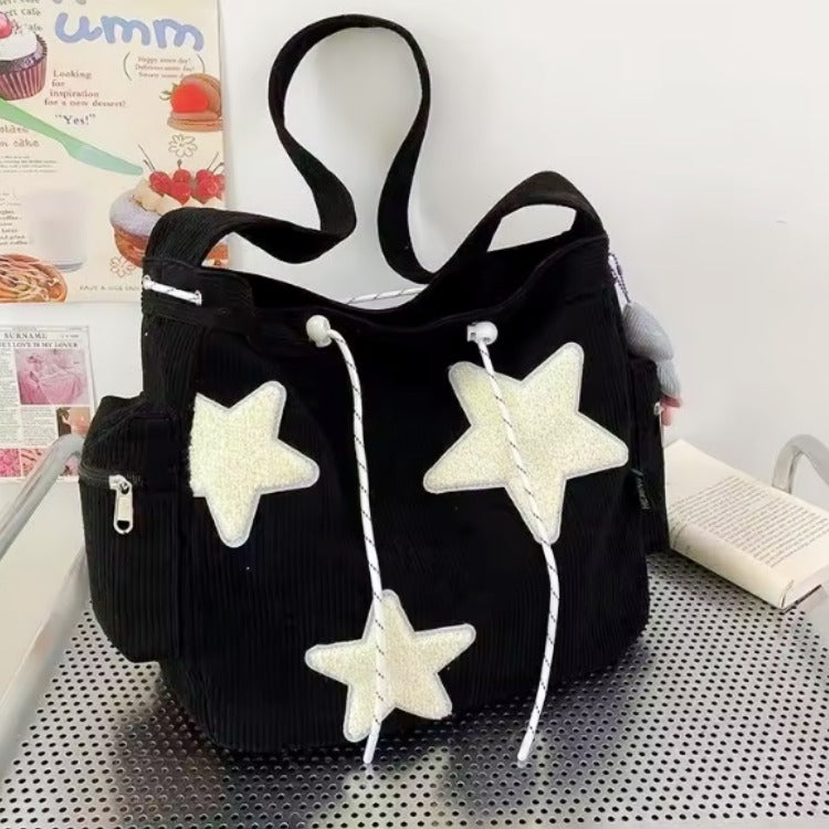 black Star Corduroy Shoulder Bag – Cute Y2K Aesthetic Shoulder Bag