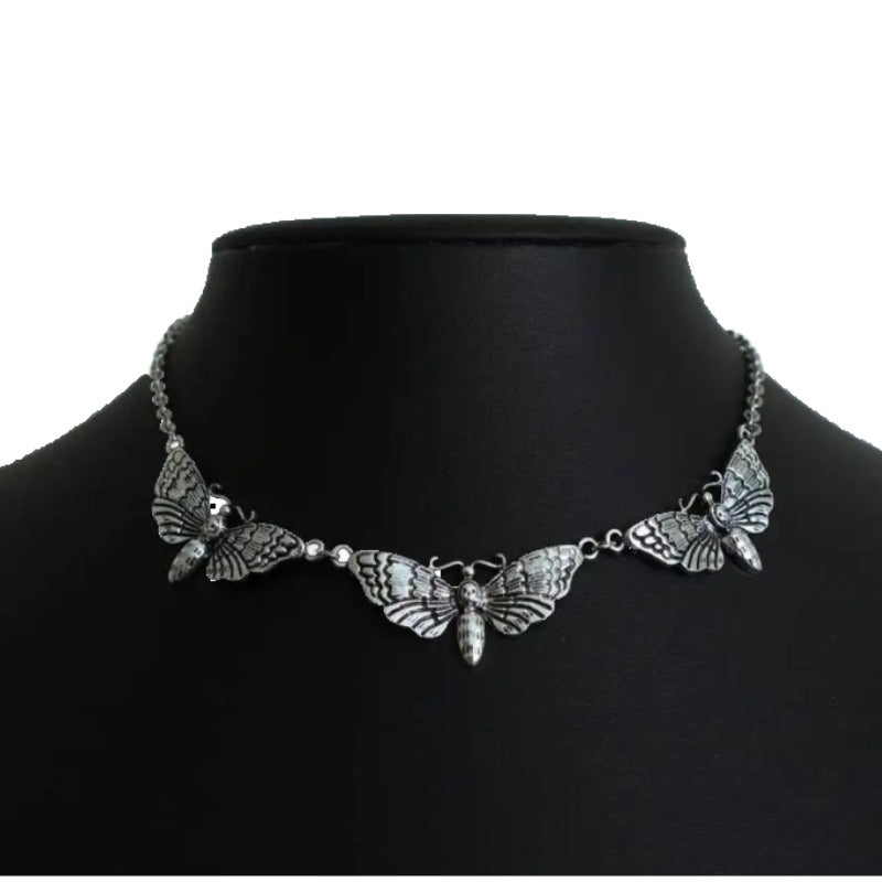 Triple Moth Necklace – Silver Gothic Aesthetic Jewelry