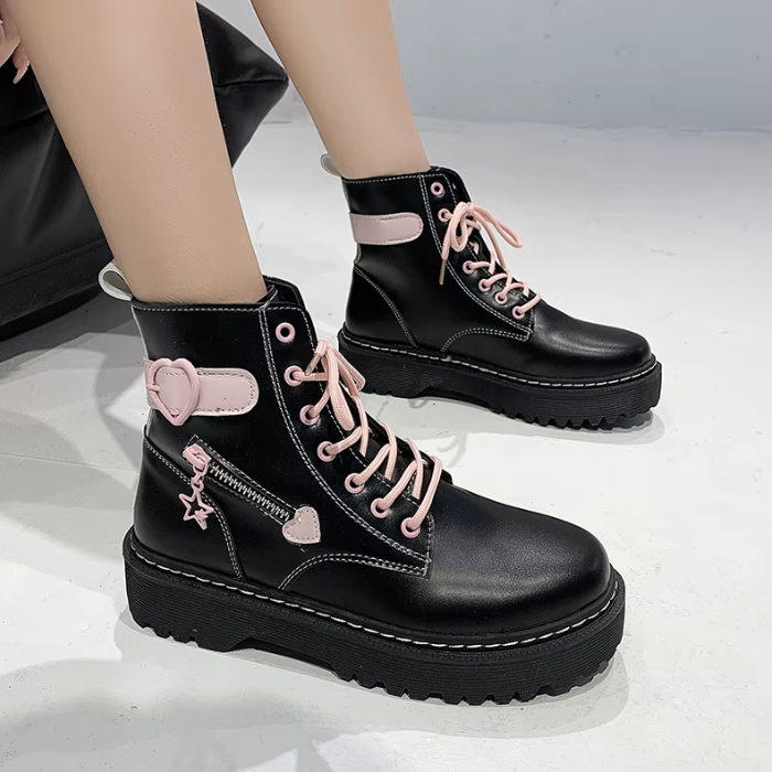 Kawaii Goth Platform Boots – Pink Lace Chunky Combat Boots