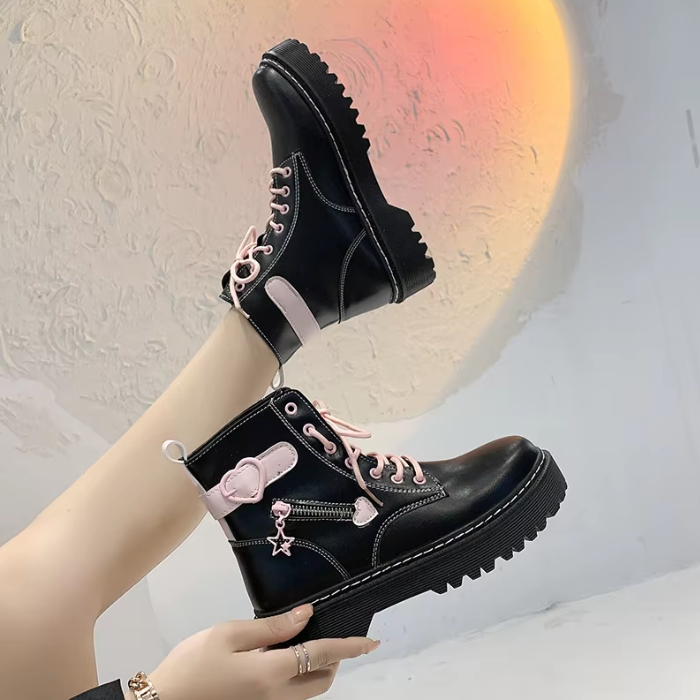 Kawaii Goth Platform Boots – Pink Lace Chunky Combat Boots