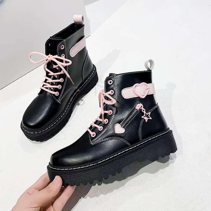 Kawaii Goth Platform Boots – Pink Lace Chunky Combat Boots