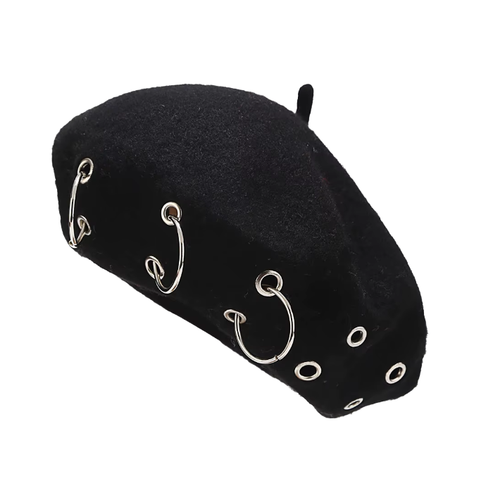 Black Alternative Fashion Beret – Punk Wool Hat with Metal Hoops