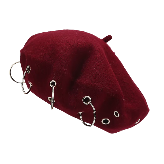 Burgundy Alternative Fashion Beret – Punk Wool Hat with Metal Hoops