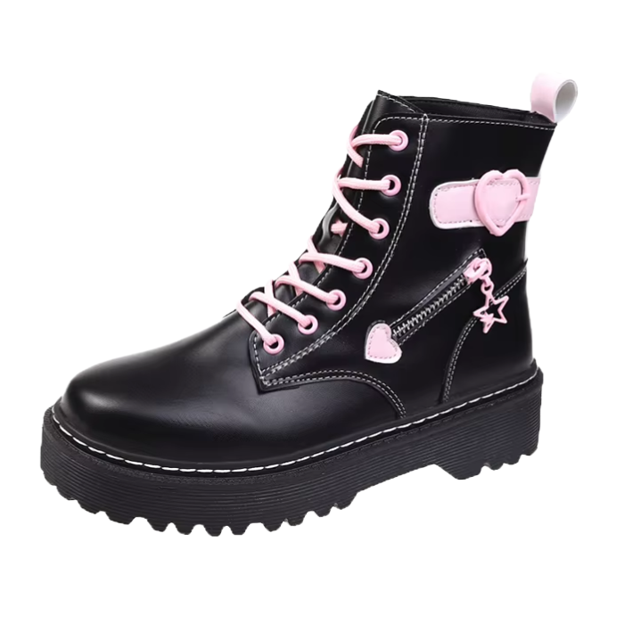 Kawaii Goth Platform Boots – Pink Lace Chunky Combat Boots