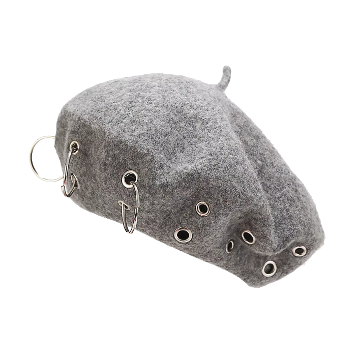 Gray Alternative Fashion Beret – Punk Wool Hat with Metal Hoops