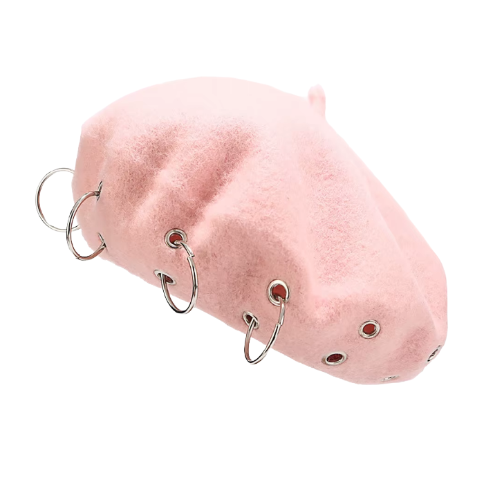 Pink Alternative Fashion Beret – Punk Wool Hat with Metal Hoops