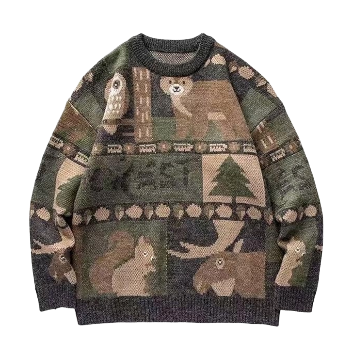 Vintage Animal Sweater – Oversized Woodland Jacquard Knit Pullover