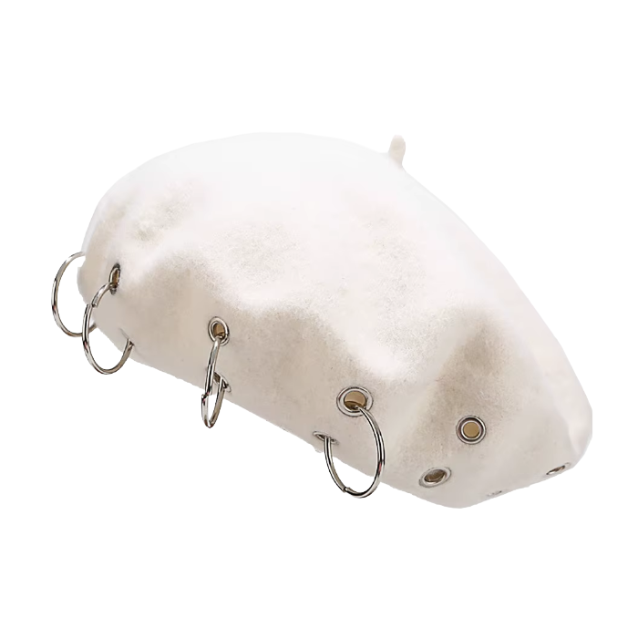 White Alternative Fashion Beret – Punk Wool Hat with Metal Hoops