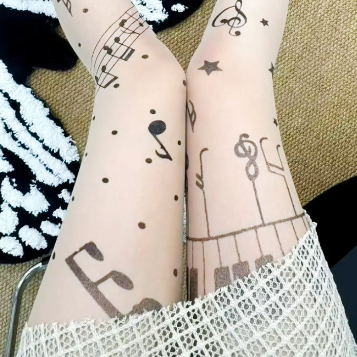  sheer black tights with a musical note and staff pattern. Music Note Sheer Tights - Alternative Grunge Aesthetic Tights