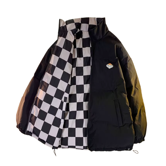 black and white Oversized Reversible Checkerboard Puffer Jacket – Y2K Winter Coat