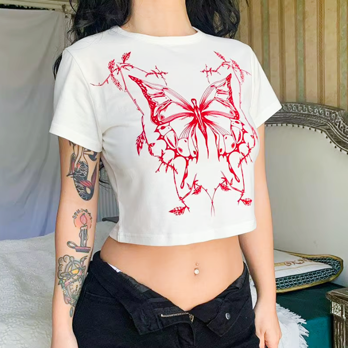 Fairy Grunge Butterfly Crop Top – Y2K White Baby Tee