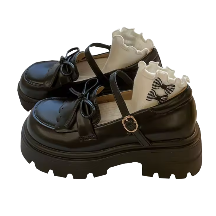 black Kawaii Platform Mary Janes – Japanese School Style Buckle Shoes