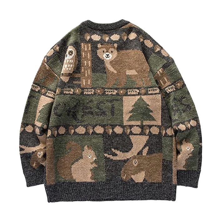 Vintage Animal Sweater – Oversized Woodland Jacquard Knit Pullover